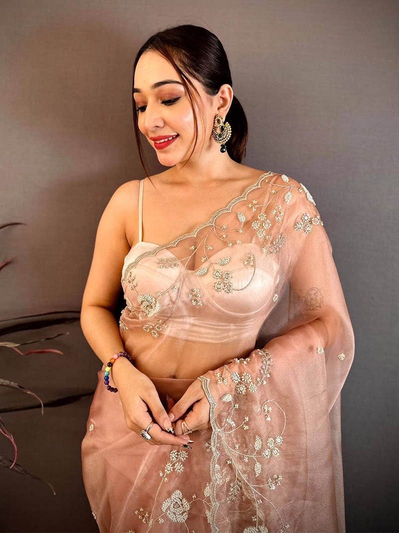 Artistic Pearl Embroidered Glass Organza Saree