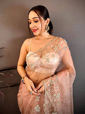 Artistic Pearl Embroidered Glass Organza Saree