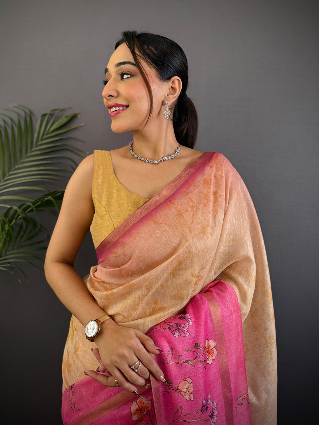 Light Pink Linen Chanderi Floral Print Saree