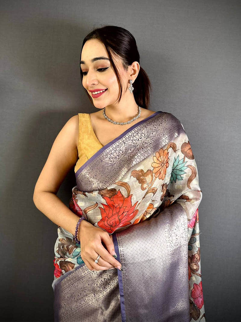Grey Kota Doriya Kalamkari Print Saree with Woven Border