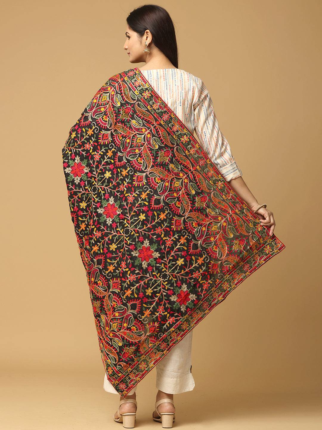 Back view of poly chiffon pashmina dupatta with vibrant embroidery