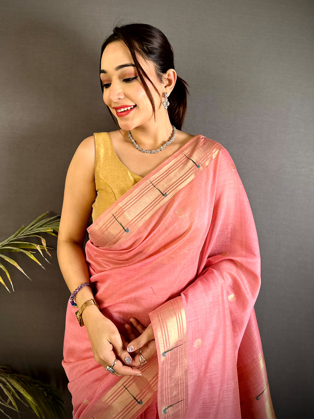 Peach Minakari Grace Khadi Linen Saree