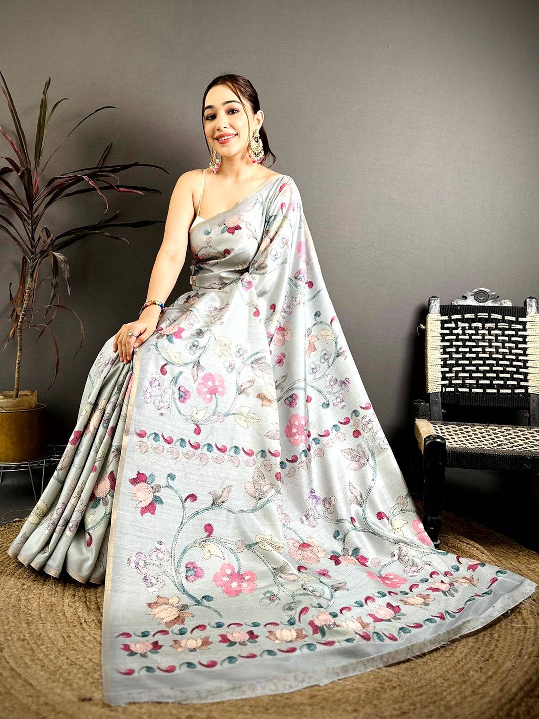 Opulent Katha Work Soft Zarna Silk Saree