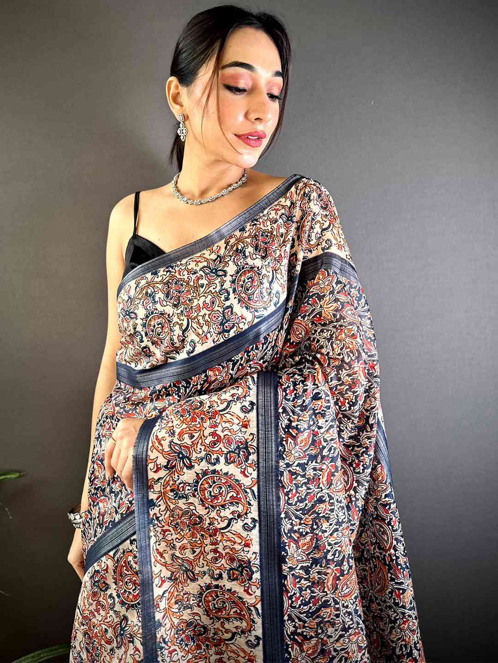 Navy Chanderi Phulkari Floral Digital Print Saree