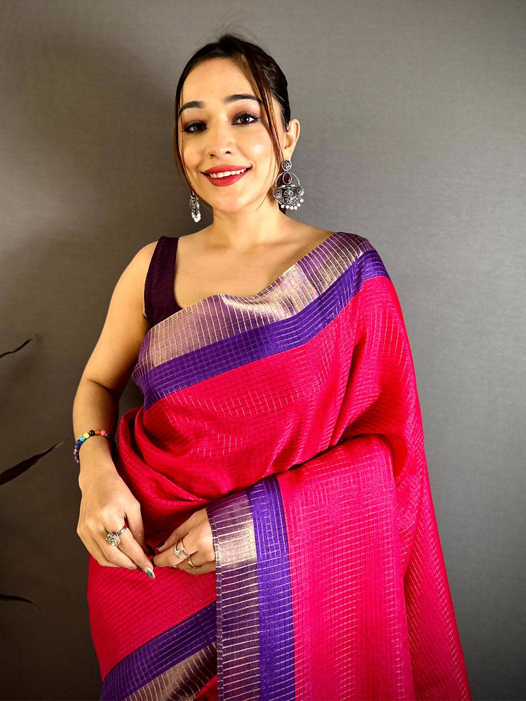 Rani Pink Tussar Zari Chex Kalamkari Saree
