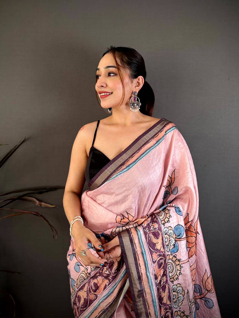 Stylish Kalamkari Lotus Tussar Saree