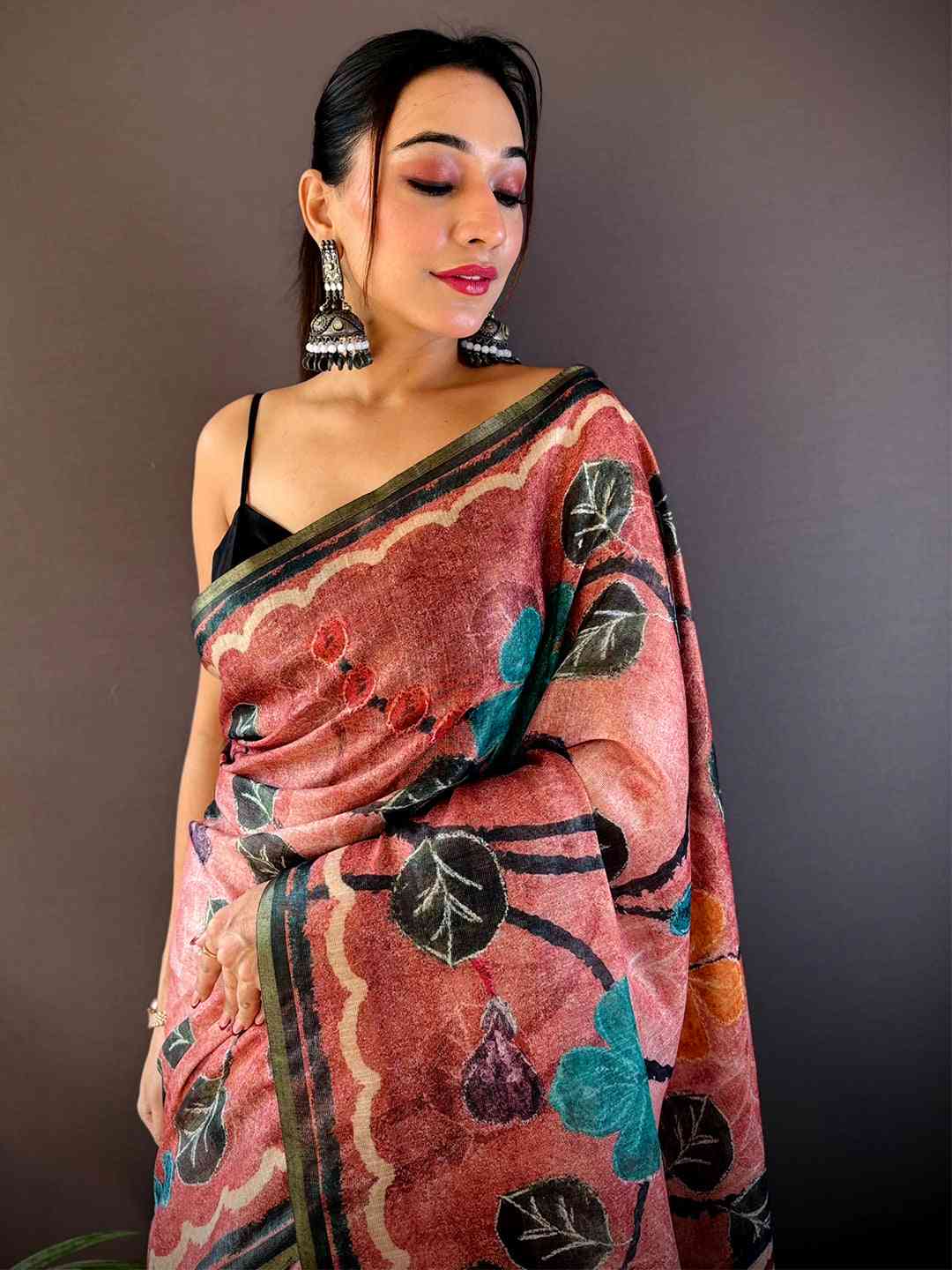 Rust Brown Folklore Tissue Chanderi Saree