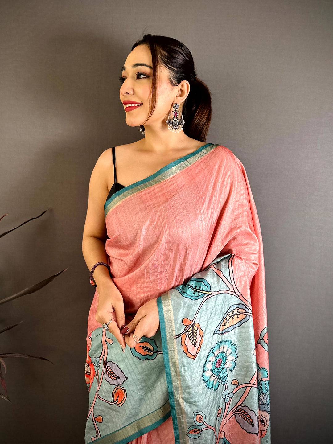 Radiant Tussar Ghicha Kalamkari Saree