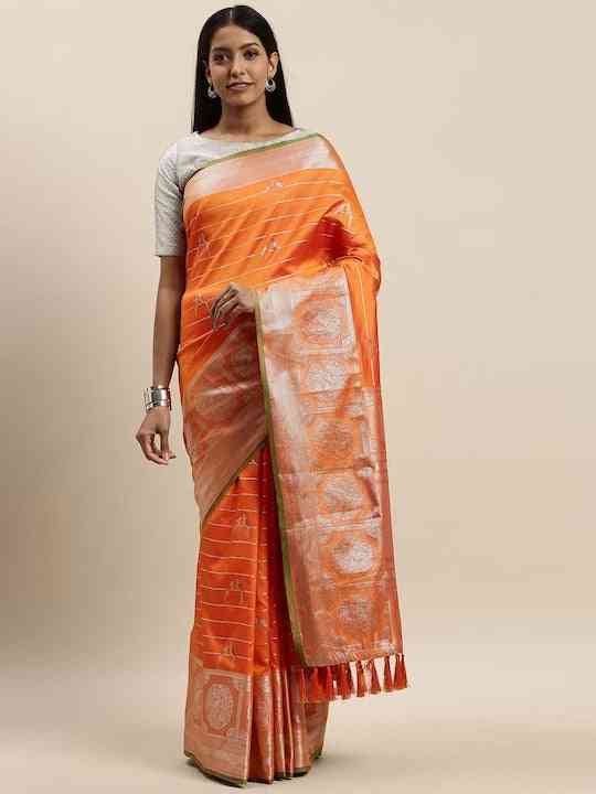 Beautiful Banarasi Striped Orange Colour Silk Blend Saree