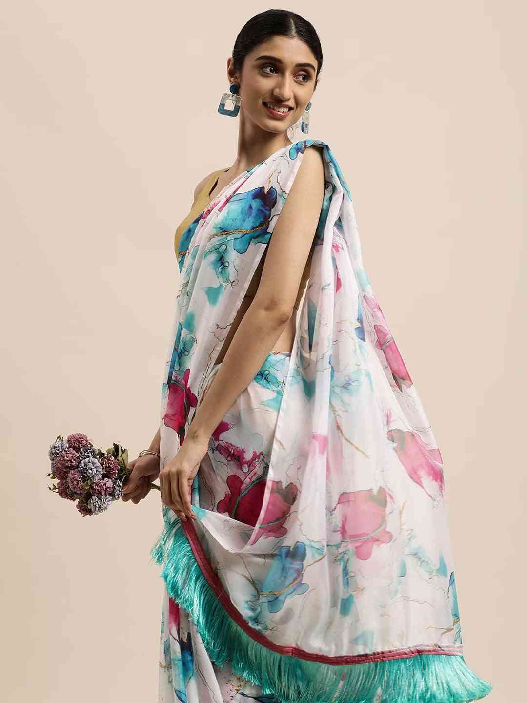  Pure Silk Abstract Printed Saree with Tassel