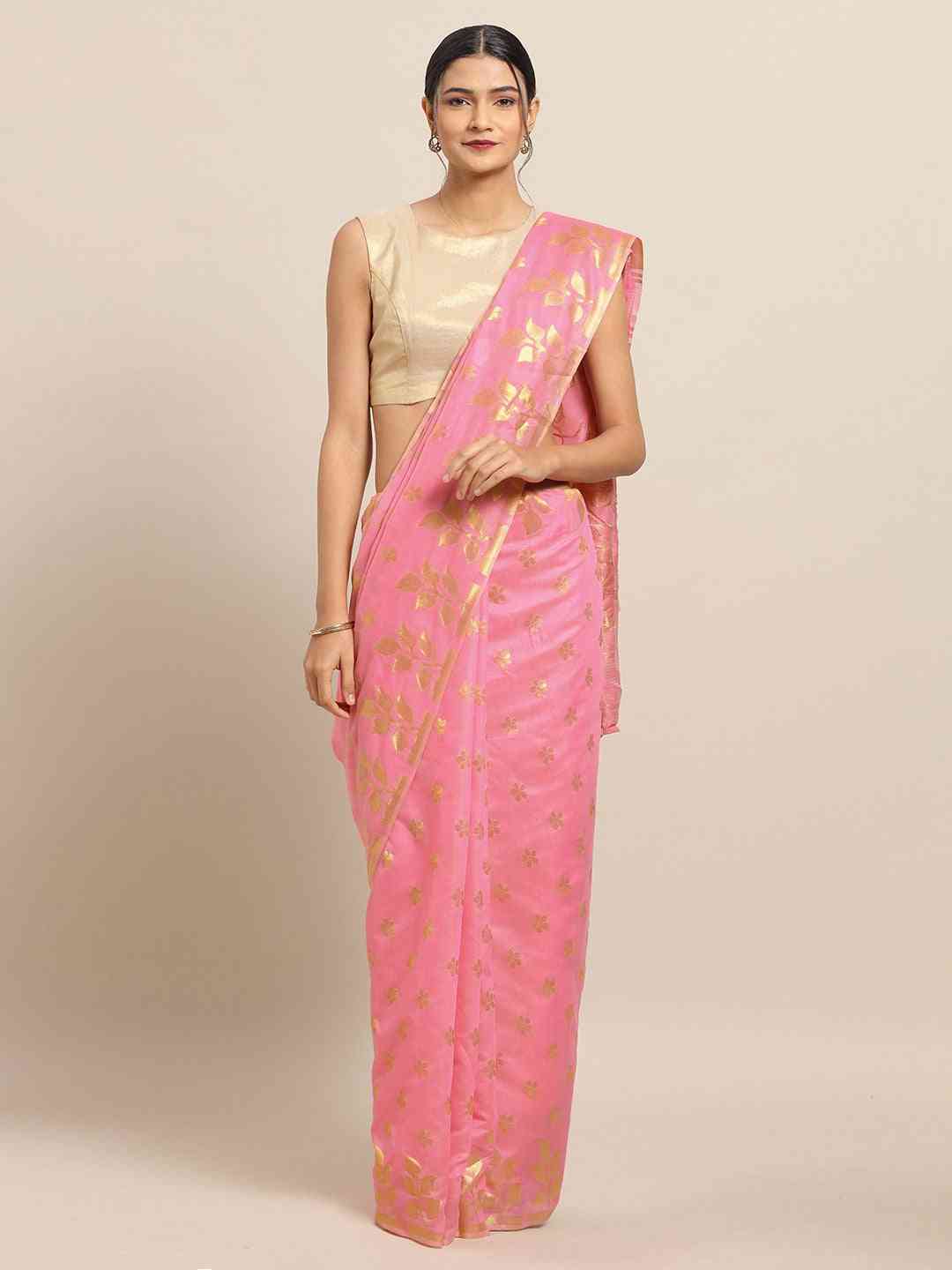  Jamdani Zari Silk Cotton Saree in Pink Colour