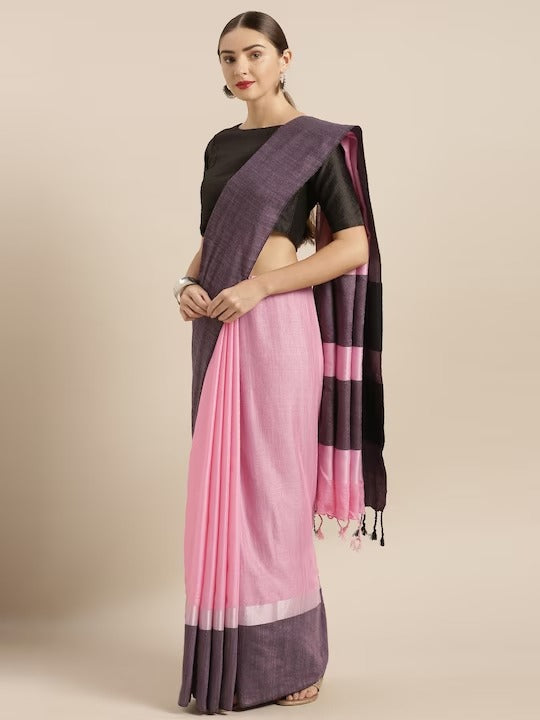  Exclusive Pink Colour Solid Linen Blend Saree 