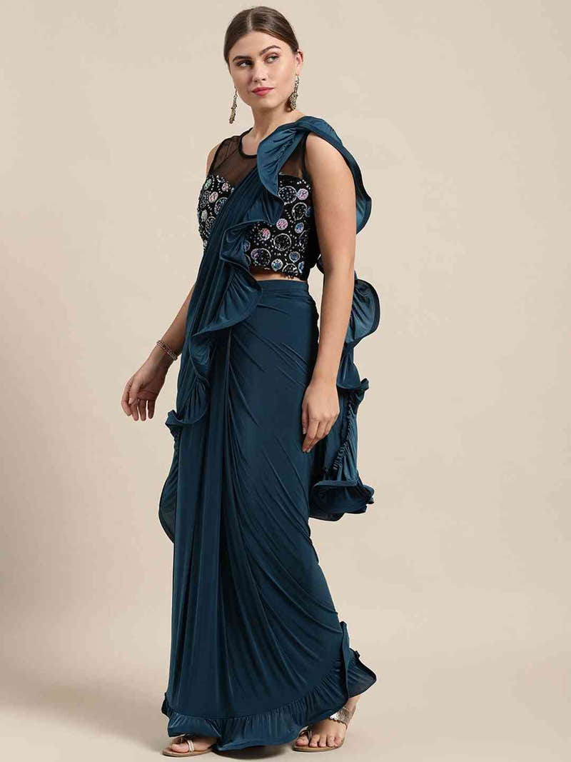 Stylish Viscose Rayon Teal Colour Solid Saree With Ruffle Border