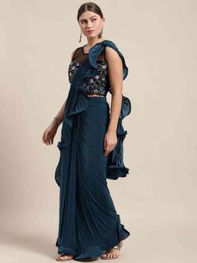  Stylish Teal Colour Solid Print Saree