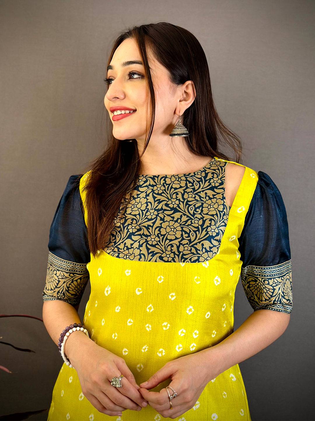 Yellow Soft Dola Silk Boat Neck Kurti