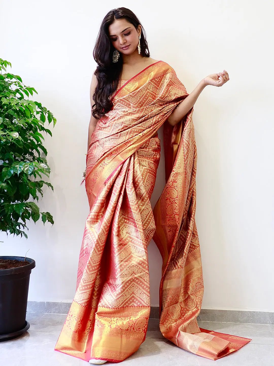 Model showcasing gold zari Kanjivaaram silk saree with ethnic motifs.