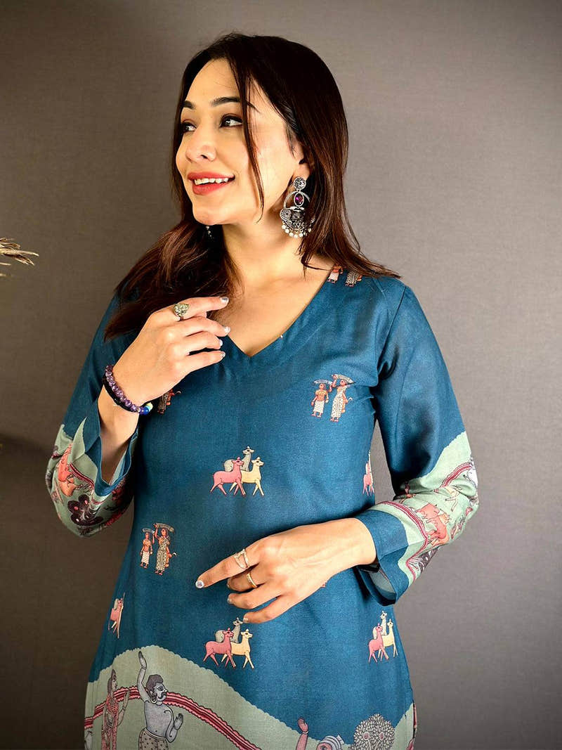 Teal Blue Mul Cotton Kalamkari Print Kurti with Pant Set