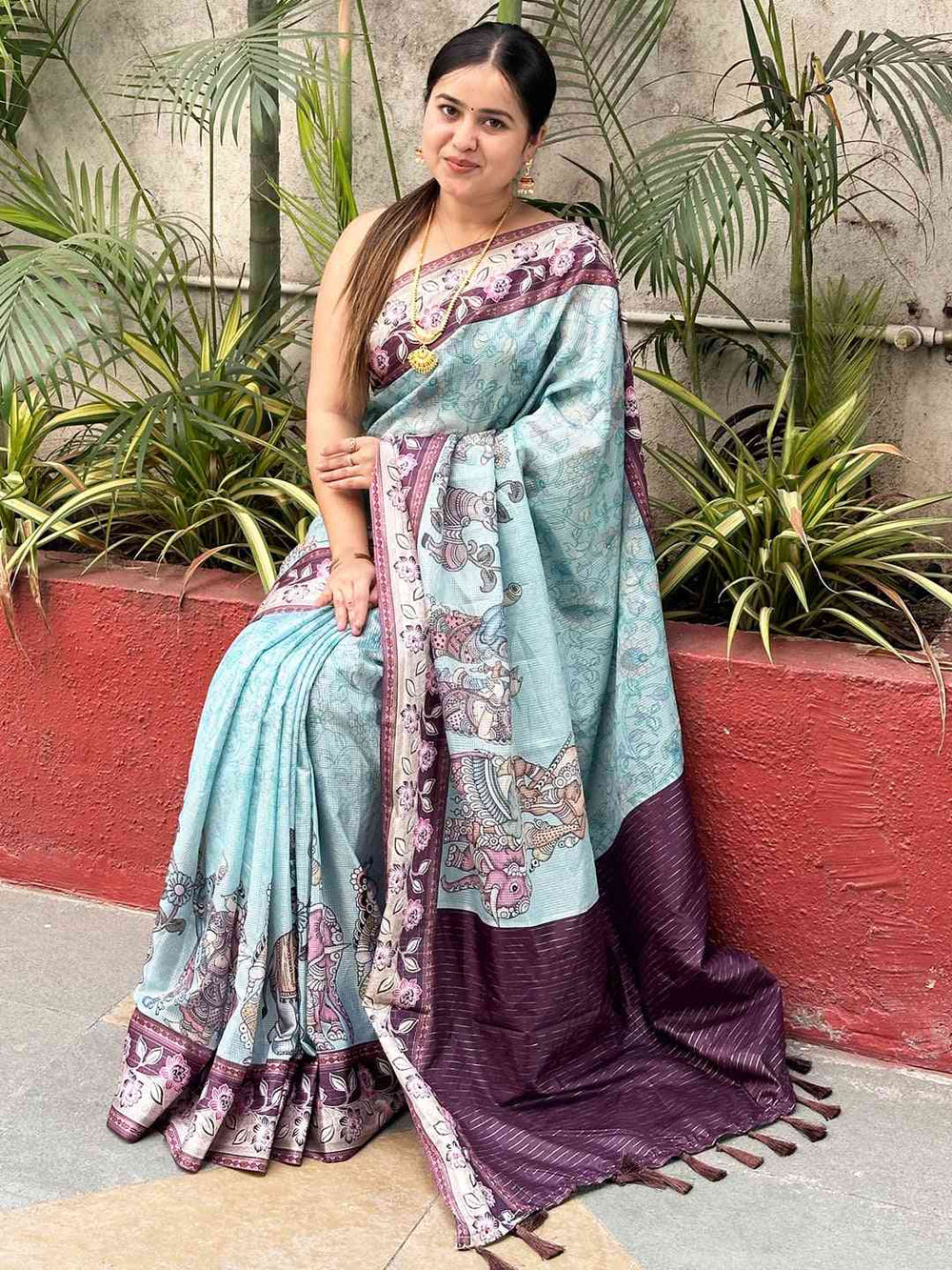 Turquoise Satin Kota Doria Kalamkari Saree with Zari Pallu