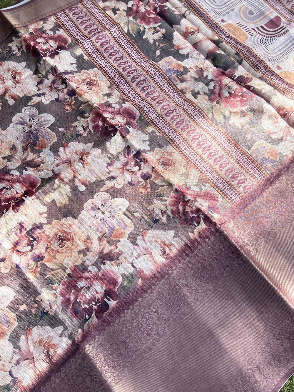 Detailed view of Olive Kota Doriya saree with floral and gold border