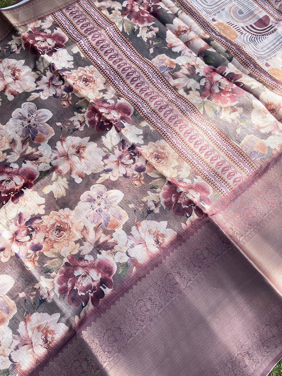 Detailed view of Olive Kota Doriya saree with floral and gold border