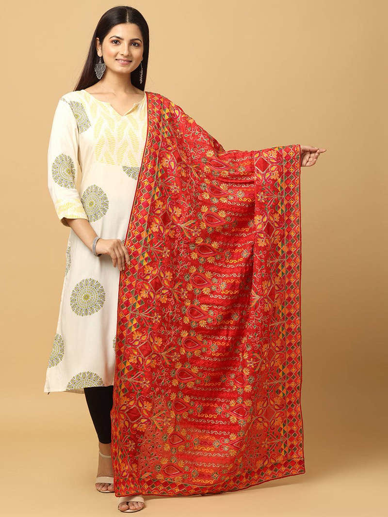 Red Gold Floral Pashmina Dupatta