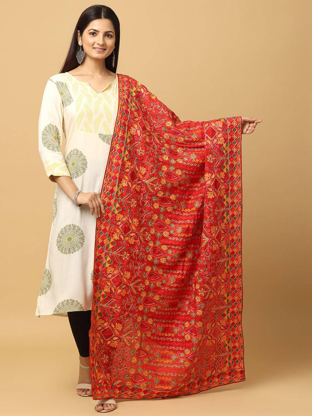 Red poly chiffon pashmina dupatta with threadwork design