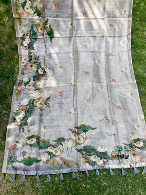 Bollywood Grey Soft Kota Doriya Silk Saree With Flower Print