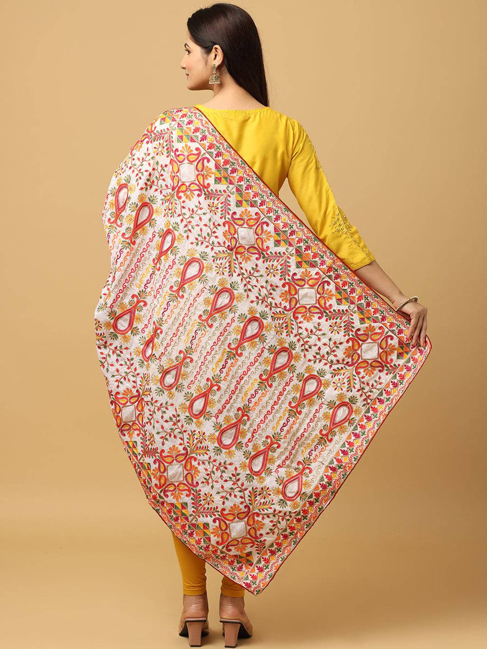 Back view of embroidered poly chiffon pashmina dupatta