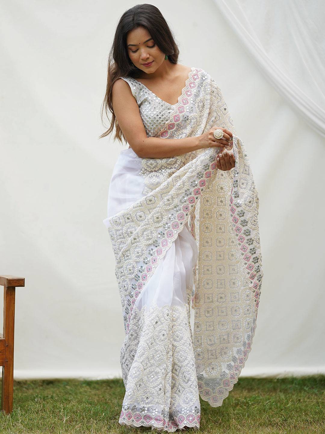 Organza Silk Saree with Chikankari and Sequins Embellishment 
