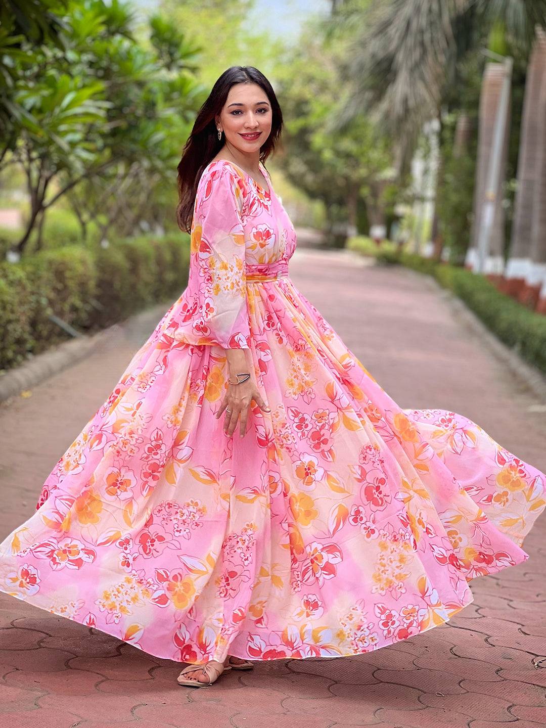 Elegant peach dress featuring abstract floral print