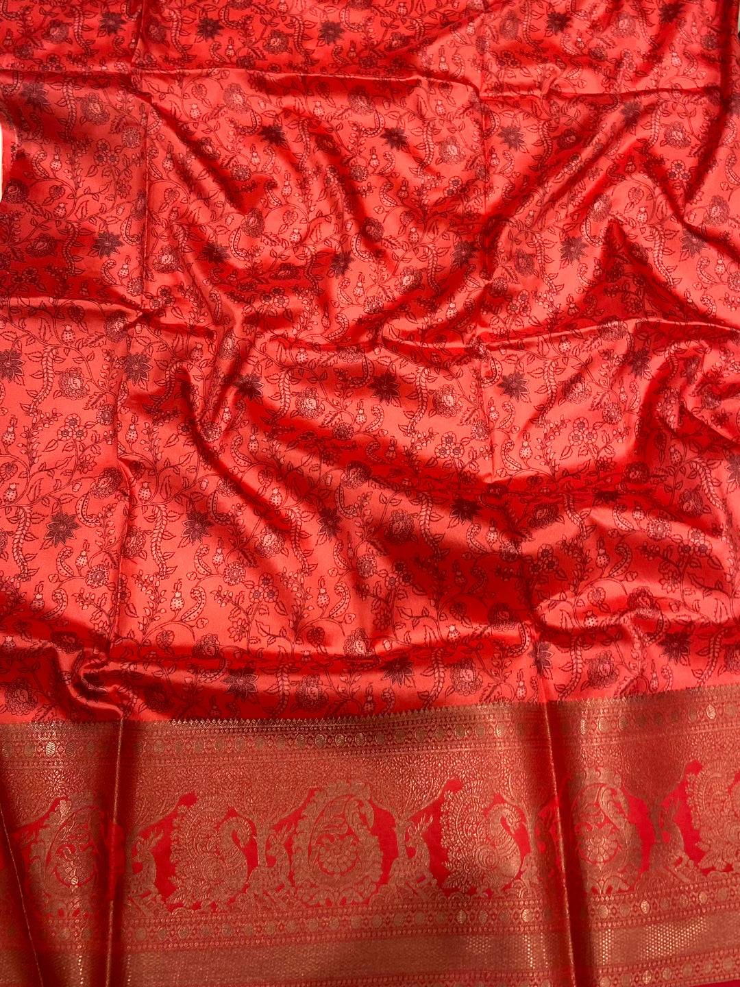 Turquiose Floral Printed Banarasi Saree