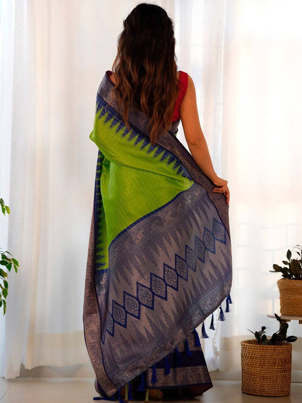 Back view of green Banarasi silk saree with intricate border