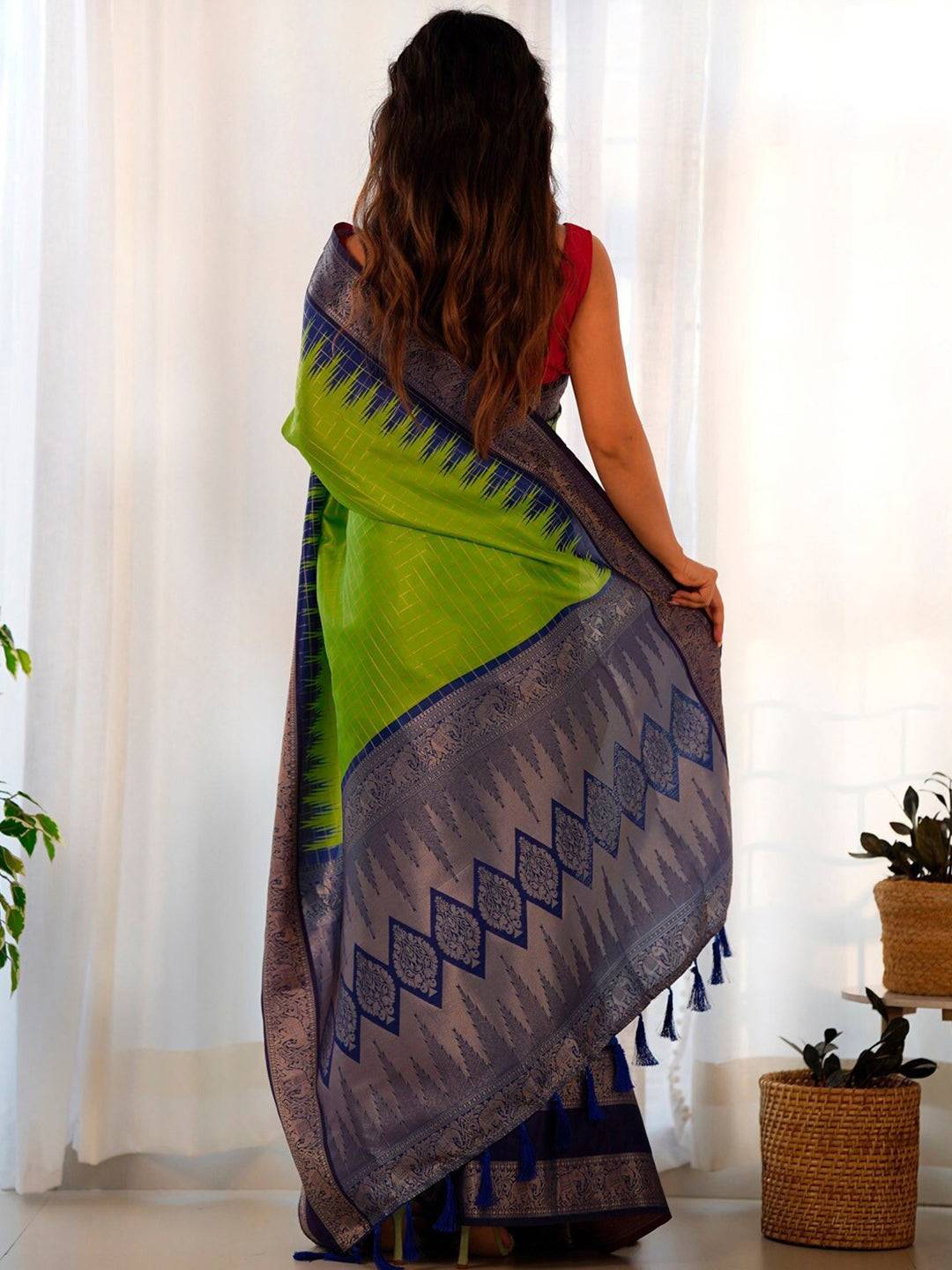 Back view of green Banarasi silk saree with intricate border