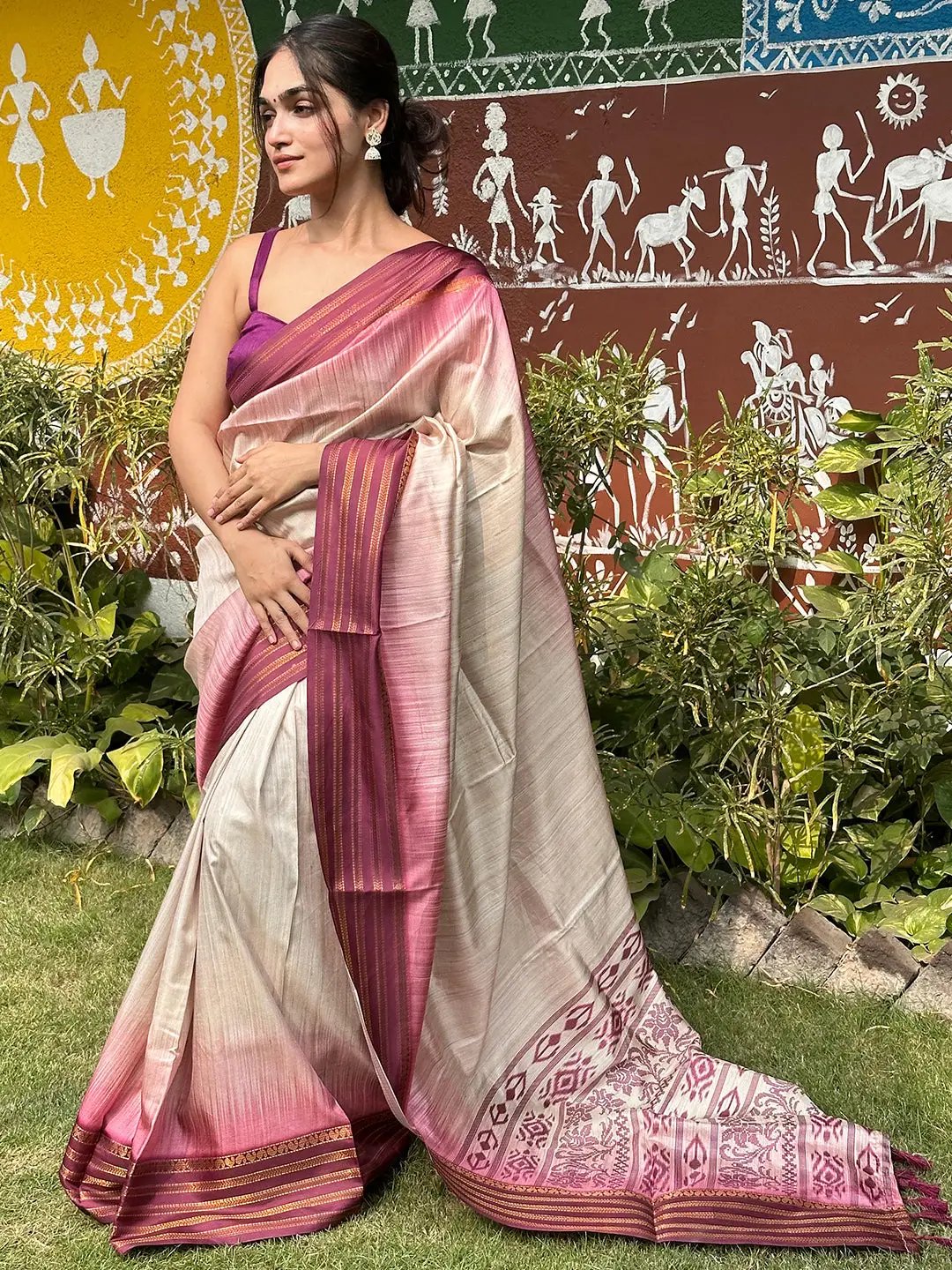 Wine Colour Ikkat Motifs & Paisley Prints on Ghicha Saree