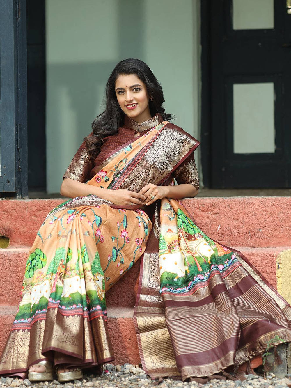 Pichwai Print Zari Weaving Pallu Saree In Peach Colour