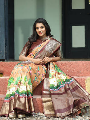 Pichwai Print Zari Weaving Pallu Saree In Peach Colour