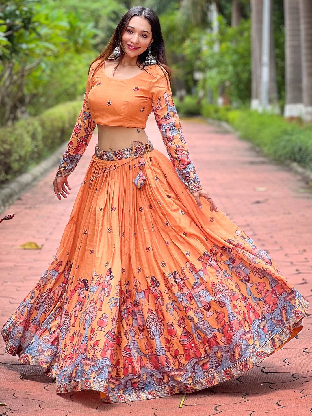 Merigold Yellow Kalamkari Lehenga twirling outdoors