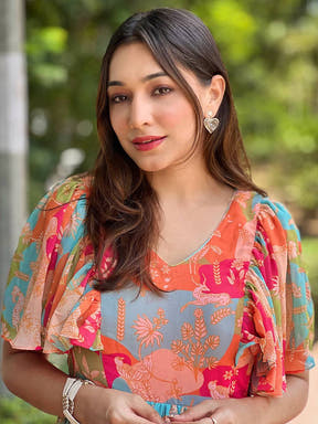 Close-up of Floral Flared Multi Colour Flary Dress design