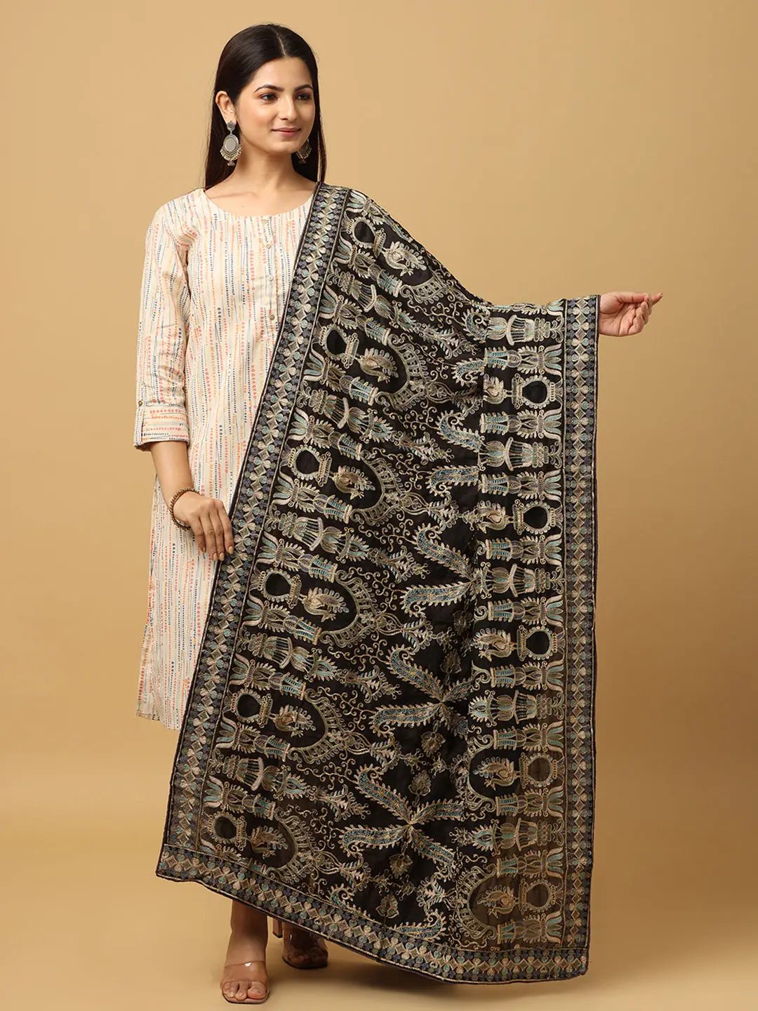 Stylish black poly chiffon dupatta with intricate threadwork
