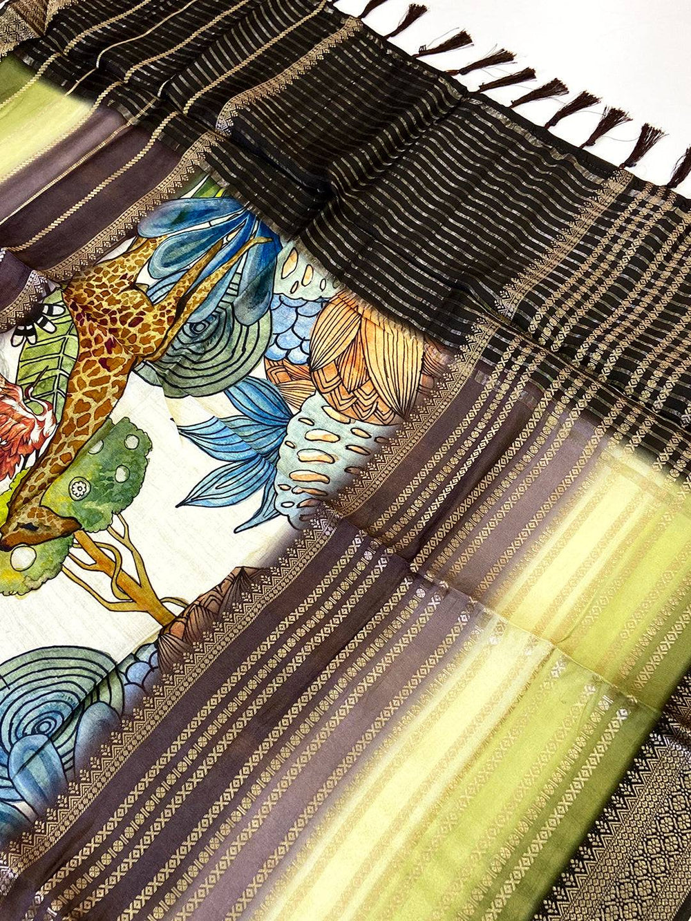 Stylish Soft Silk Kalamkari Zari Stripe Saree