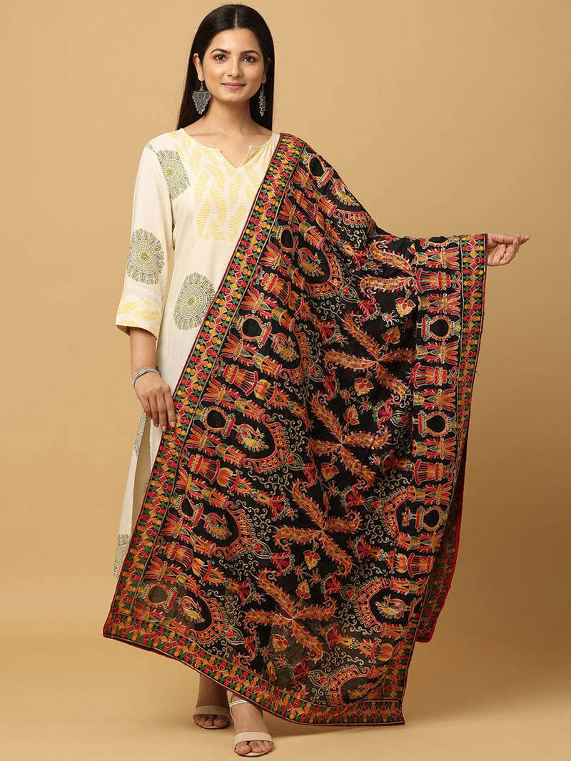 Black Rust Paisley Band Pashmina Dupatta