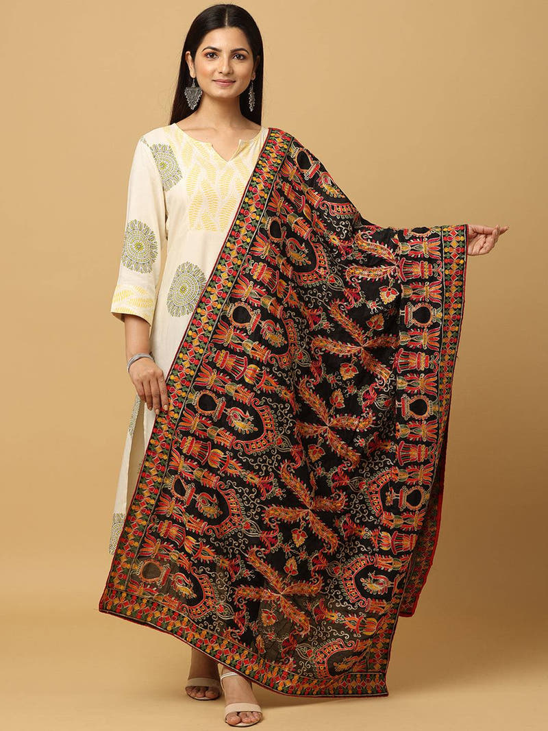 Black poly chiffon pashmina dupatta with vibrant threadwork