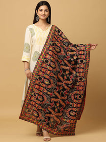 Black poly chiffon pashmina dupatta with vibrant threadwork