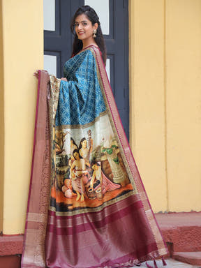Viscose Dola Silk Saree With Kalamkari And Mughal Print
