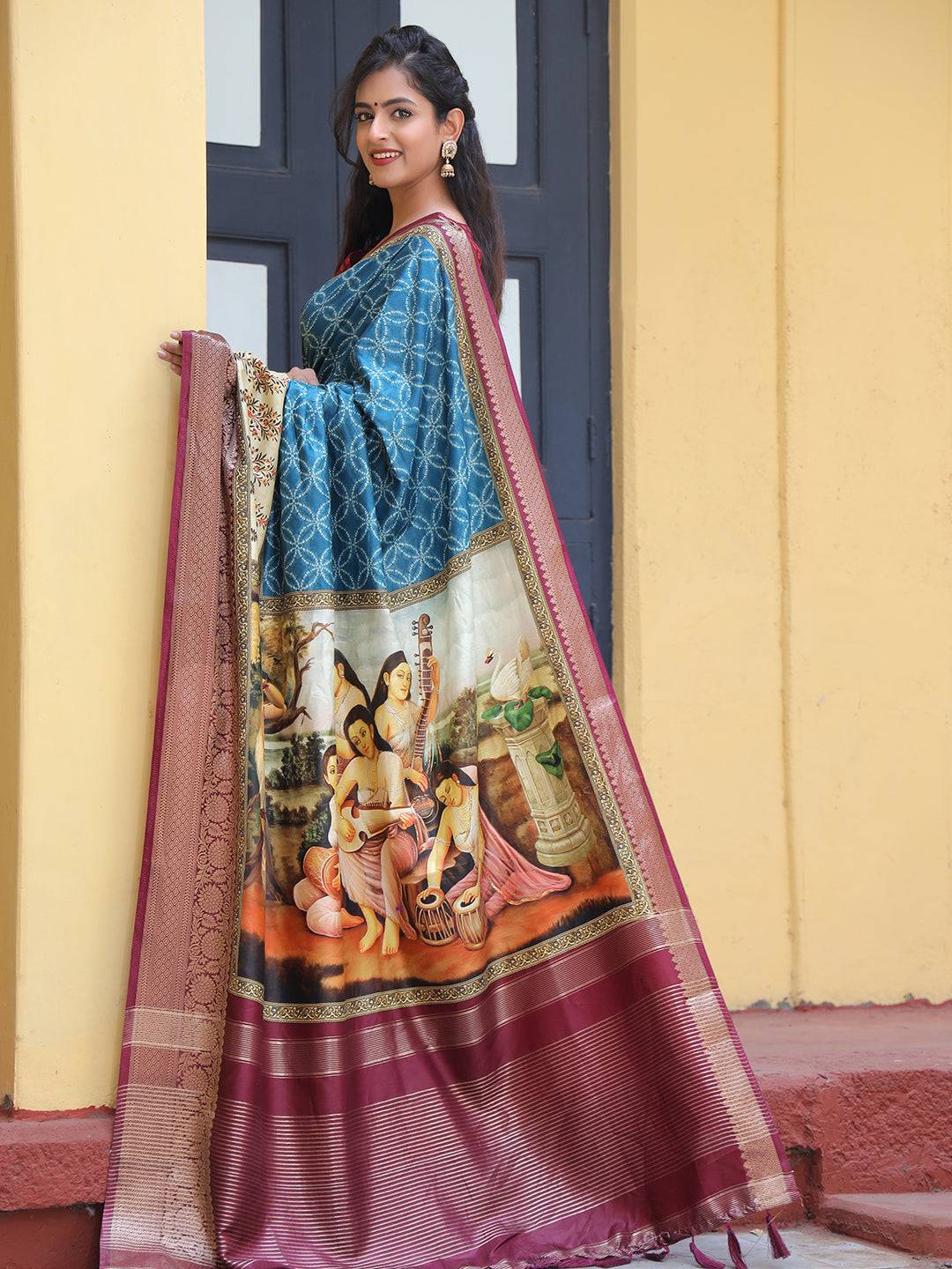 Viscose Dola Silk Saree With Kalamkari And Mughal Print