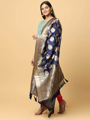 Stylish dark blue silk blend dupatta with detailed woven design