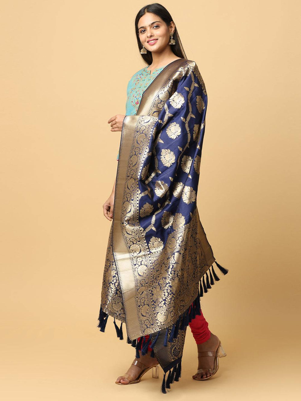 Stylish dark blue silk blend dupatta with detailed woven design