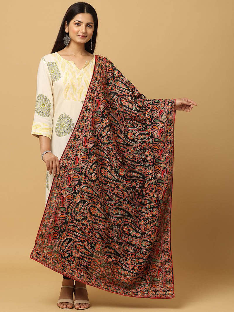 Black Rich Dense Floral Pashmina Dupatta