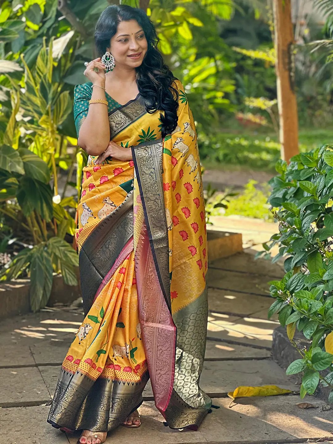 Yellow Colour Kanchi Zari Border Pichwai Design Saree