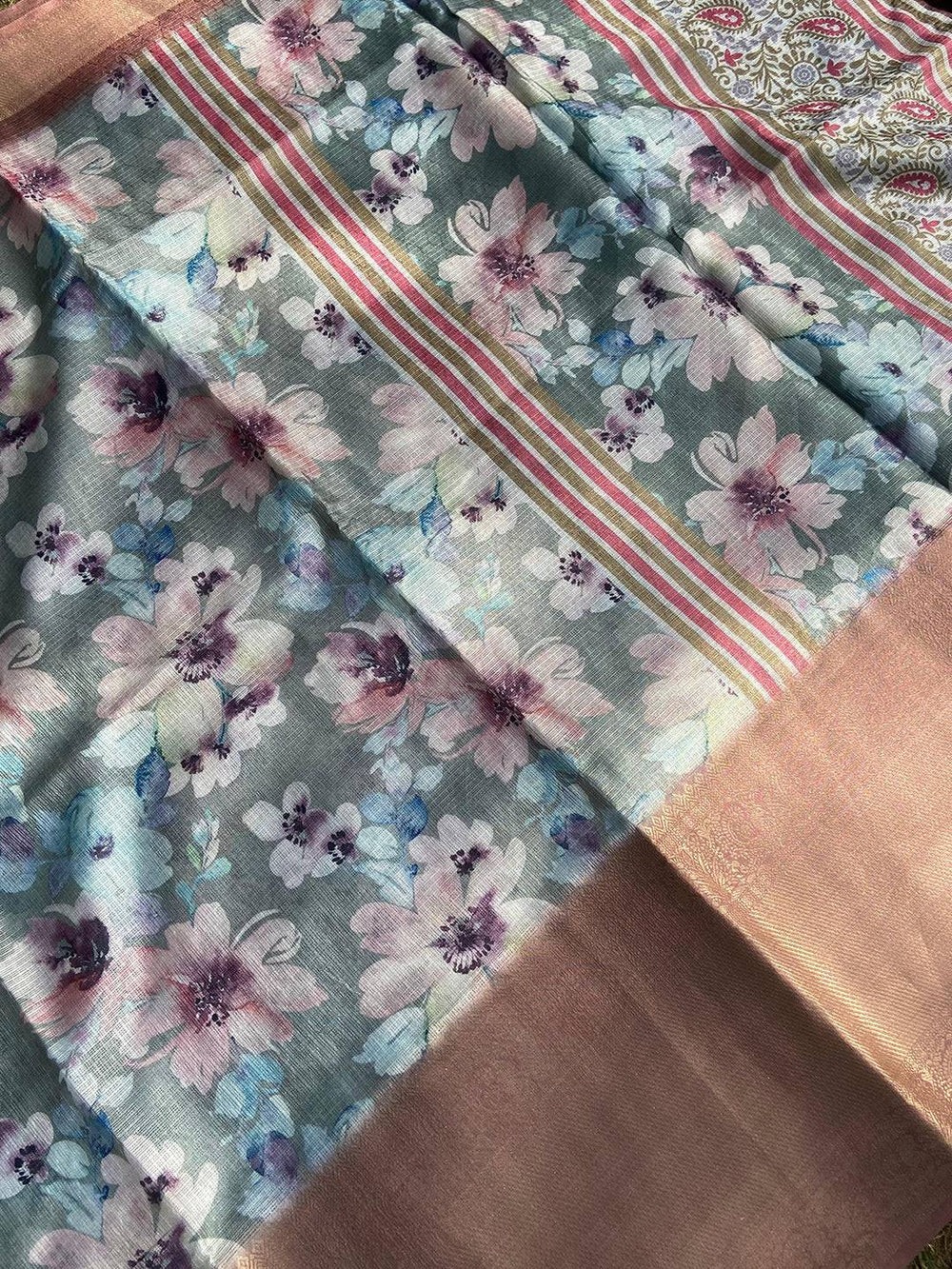 Close-up of floral print on Pista Kota Doriya saree